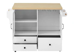 Ilha de cozinha móvel com 2 portas de vidro e 3 gavetas - Mesa extensível - Branca