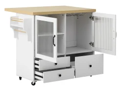 Ilha de cozinha móvel com 2 portas de vidro e 3 gavetas - Mesa extensível - Branca