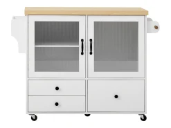 Ilha de cozinha móvel com 2 portas de vidro e 3 gavetas - Mesa extensível - Branca