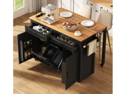 Ilha de cozinha móvel extensível - 120 x 40/75 x 92 cm - com 3 portas + 2 gavetas - MDF - preta