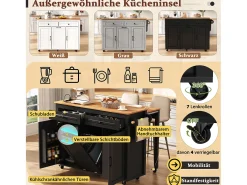 Ilha de cozinha móvel extensível - 120 x 40/75 x 92 cm - com 3 portas + 2 gavetas - MDF - preta