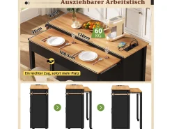 Ilha de cozinha móvel extensível - 120 x 40/75 x 92 cm - com 3 portas + 2 gavetas - MDF - preta