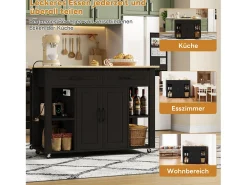 Ilha de cozinha móvel extensível - 120 x 50/77 x 91,5 cm - com balcão + tomadas + 2 gavetas + 2 portas - MDF - preto + natural