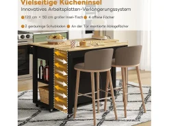 Ilha de cozinha móvel extensível - 120 x 50/77 x 91,5 cm - com balcão + tomadas + 2 gavetas + 2 portas - MDF - preto + natural