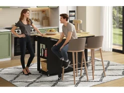 Ilha de cozinha móvel extensível - 120 x 50/77 x 91,5 cm - com balcão + tomadas + 2 gavetas + 2 portas - MDF - preto + natural