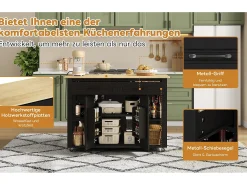 Ilha de cozinha móvel extensível - 120 x 50/77 x 91,5 cm - com balcão + tomadas + 2 gavetas + 2 portas - MDF - preto + natural