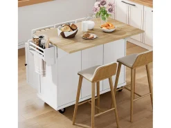 Ilha de cozinha móvel 131.2x46.2x92.7cm - com rodas - 3 gavetas e 3 portas - bancada extensível - com toalheiro - branco