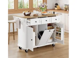 Ilha de cozinha móvel 131.2x46.2x92.7cm - com rodas - 3 gavetas e 3 portas - bancada extensível - com toalheiro - branco