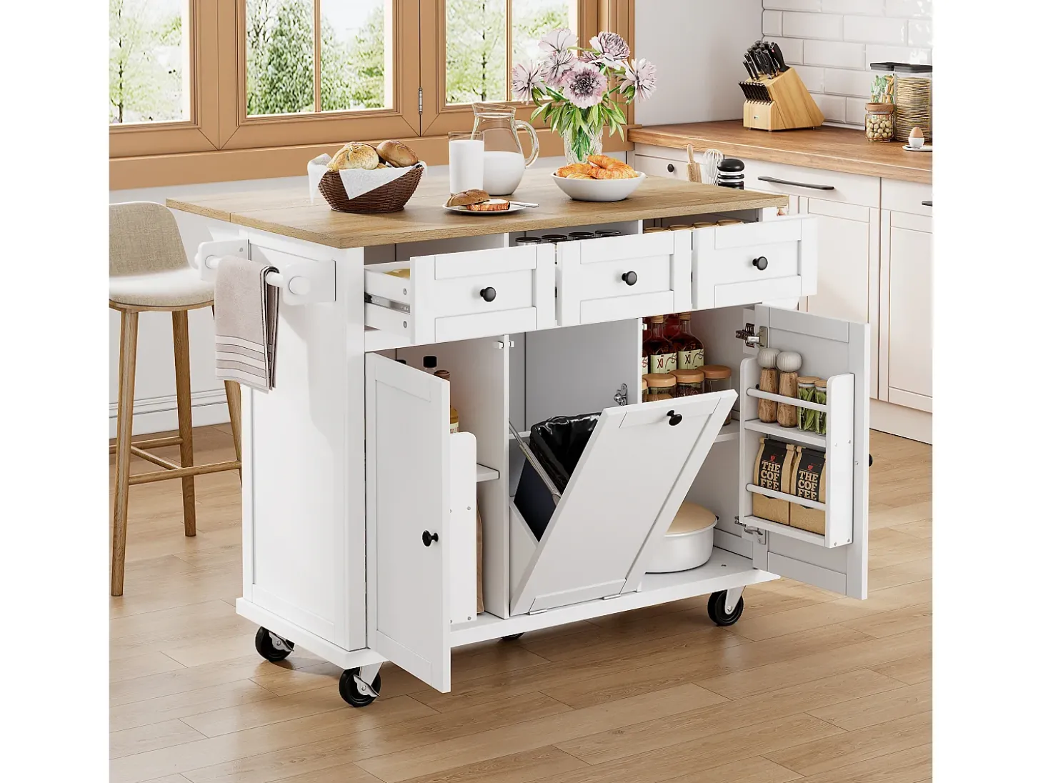Ilha de cozinha móvel 131.2x46.2x92.7cm - com rodas - 3 gavetas e 3 portas - bancada extensível - com toalheiro - branco
