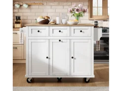 Ilha de cozinha móvel 131.2x46.2x92.7cm - com rodas - 3 gavetas e 3 portas - bancada extensível - com toalheiro - branco