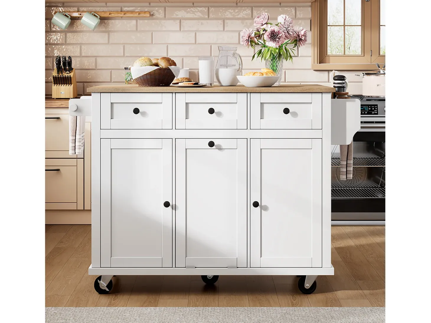 Ilha de cozinha móvel 131.2x46.2x92.7cm - com rodas - 3 gavetas e 3 portas - bancada extensível - com toalheiro - branco
