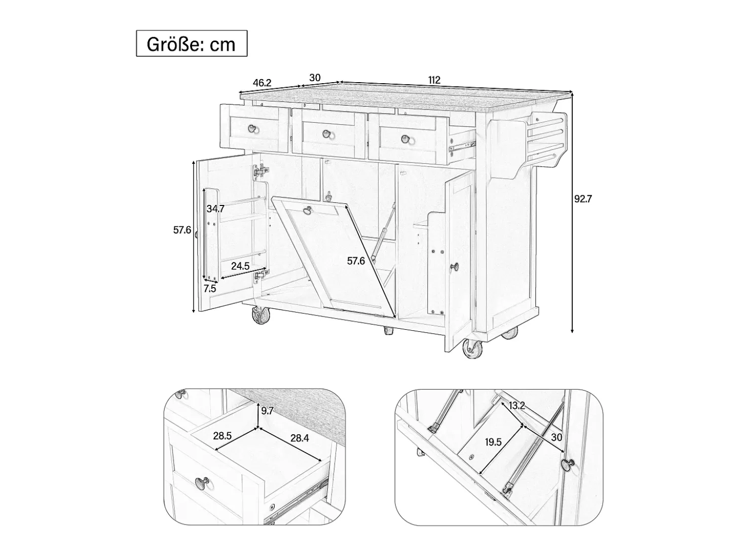 Ilha de cozinha móvel 131.2x46.2x92.7cm - com rodas - 3 gavetas e 3 portas - bancada extensível - com toalheiro - branco