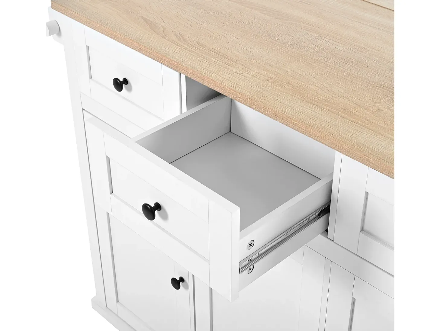 Ilha de cozinha móvel 131.2x46.2x92.7cm - com rodas - 3 gavetas e 3 portas - bancada extensível - com toalheiro - branco