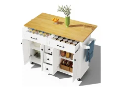 Ilha de cozinha sobre rodas - 140 x 65 x 89 cm - com tampo extensível + 5 gavetas + 4 portas - branca