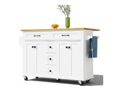 Ilha de cozinha sobre rodas - 140 x 65 x 89 cm - com tampo extensível + 5 gavetas + 4 portas - branca