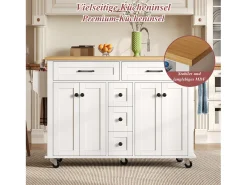 Ilha de cozinha sobre rodas - 140 x 65 x 89 cm - com tampo extensível + 5 gavetas + 4 portas - branca