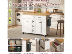 Ilha de cozinha sobre rodas - 140 x 65 x 89 cm - com tampo extensível + 5 gavetas + 4 portas - branca