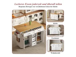 Ilha de cozinha sobre rodas - 140 x 65 x 89 cm - com tampo extensível + 5 gavetas + 4 portas - branca