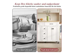 Ilha de cozinha sobre rodas - 140 x 65 x 89 cm - com tampo extensível + 5 gavetas + 4 portas - branca