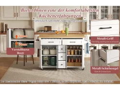 Ilha de cozinha sobre rodas - 140 x 65 x 89 cm - com tampo extensível + 5 gavetas + 4 portas - branca