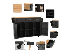 Ilha de cozinha sobre rodas - 139 x 46/71 x 91,5 cm - tampo dobrável + 2 portas + 3 gavetas - MDF - preto