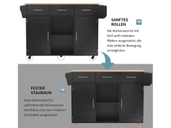 Ilha de cozinha sobre rodas - 139 x 46/71 x 91,5 cm - tampo dobrável + 2 portas + 3 gavetas - MDF - preto