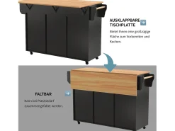 Ilha de cozinha sobre rodas - 139 x 46/71 x 91,5 cm - tampo dobrável + 2 portas + 3 gavetas - MDF - preto