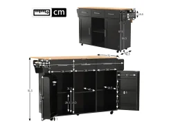 Ilha de cozinha sobre rodas - 139 x 46/71 x 91,5 cm - tampo dobrável + 2 portas + 3 gavetas - MDF - preto
