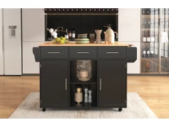 Ilha de cozinha sobre rodas - 139 x 46/71 x 91,5 cm - tampo dobrável + 2 portas + 3 gavetas - MDF - preto