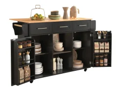 Ilha de cozinha sobre rodas - 139 x 46/71 x 91,5 cm - tampo dobrável + 2 portas + 3 gavetas - MDF - preto
