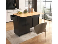 Ilha de cozinha sobre rodas - 139 x 46/71 x 91,5 cm - tampo dobrável + 2 portas + 3 gavetas - MDF - preto