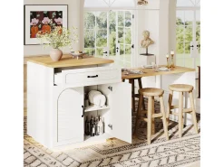 Ilha de cozinha/balcão de bar - 193,5 x 70 x 95,5 cm - com mesa extensível + 2 gavetas + 4 portas - MDF + metal - branca