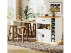Ilha de cozinha/balcão de bar - 193,5 x 70 x 95,5 cm - com mesa extensível + 2 gavetas + 4 portas - MDF + metal - branca