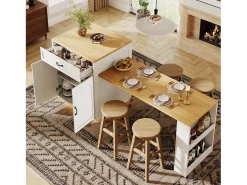 Ilha de cozinha/balcão de bar - 193,5 x 70 x 95,5 cm - com mesa extensível + 2 gavetas + 4 portas - MDF + metal - branca