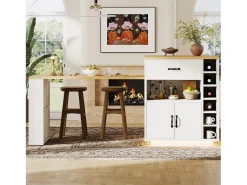 Ilha de cozinha/balcão de bar - 193,5 x 70 x 95,5 cm - com mesa extensível + 2 gavetas + 4 portas - MDF + metal - branca