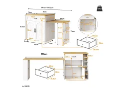 Ilha de cozinha/balcão de bar - 193,5 x 70 x 95,5 cm - com mesa extensível + 2 gavetas + 4 portas - MDF + metal - branca