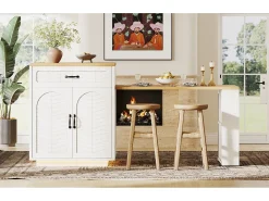 Ilha de cozinha/balcão de bar - 193,5 x 70 x 95,5 cm - com mesa extensível + 2 gavetas + 4 portas - MDF + metal - branca