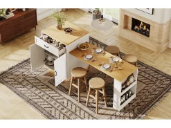 Ilha de cozinha/balcão de bar - 193,5 x 70 x 95,5 cm - com mesa extensível + 2 gavetas + 4 portas - MDF + metal - branca