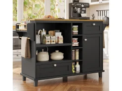 Ilha móvel de cozinha central com uma porta, 2 gavetas e prateleiras abertas - 129 x 46 x 92 cm - Madeira MDF - Preto