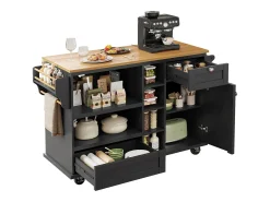 Ilha móvel de cozinha central com uma porta, 2 gavetas e prateleiras abertas - 129 x 46 x 92 cm - Madeira MDF - Preto