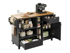Ilha móvel de cozinha central com uma porta, 2 gavetas e prateleiras abertas - 129 x 46 x 92 cm - Madeira MDF - Preto