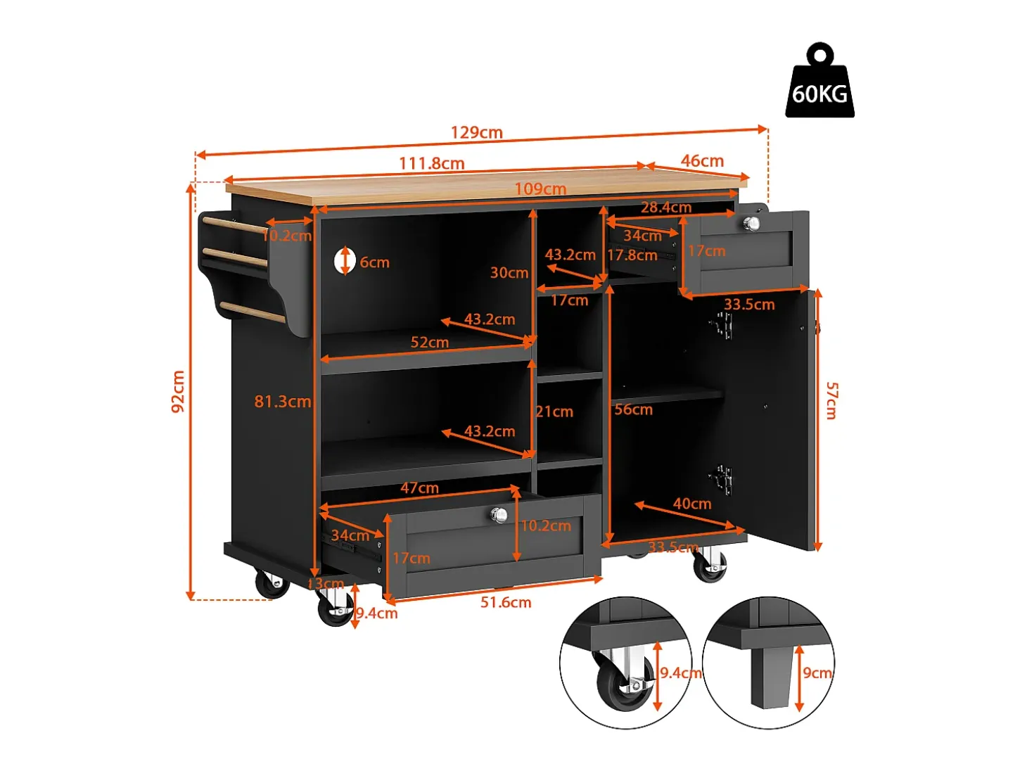 Ilha móvel de cozinha central com uma porta, 2 gavetas e prateleiras abertas - 129 x 46 x 92 cm - Madeira MDF - Preto