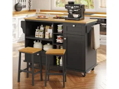 Ilha móvel de cozinha central com uma porta, 2 gavetas e prateleiras abertas - 129 x 46 x 92 cm - Madeira MDF - Preto