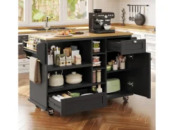 Ilha móvel de cozinha central com uma porta, 2 gavetas e prateleiras abertas - 129 x 46 x 92 cm - Madeira MDF - Preto
