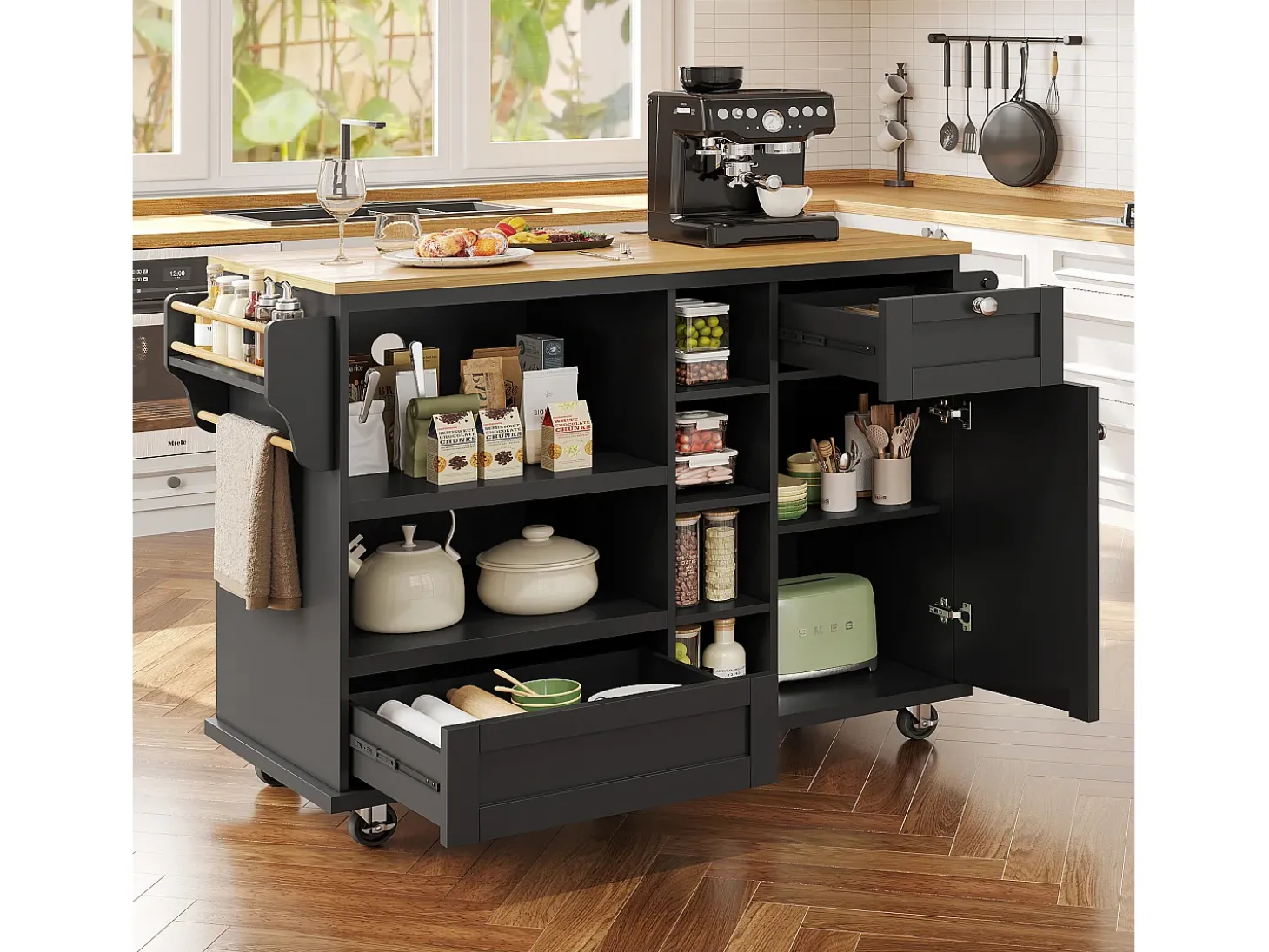 Ilha móvel de cozinha central com uma porta, 2 gavetas e prateleiras abertas - 129 x 46 x 92 cm - Madeira MDF - Preto