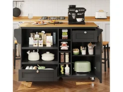 Ilha móvel de cozinha central com uma porta, 2 gavetas e prateleiras abertas - 129 x 46 x 92 cm - Madeira MDF - Preto