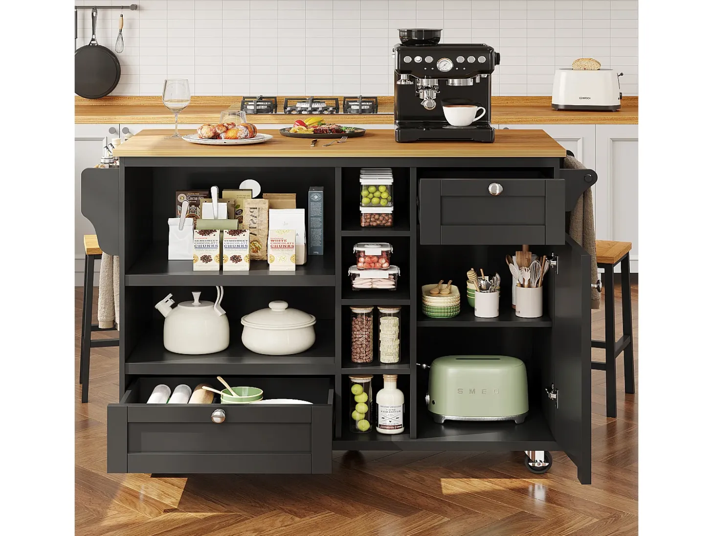 Ilha móvel de cozinha central com uma porta, 2 gavetas e prateleiras abertas - 129 x 46 x 92 cm - Madeira MDF - Preto