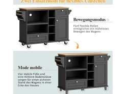 Ilha móvel de cozinha central com uma porta, 2 gavetas e prateleiras abertas - 129 x 46 x 92 cm - Madeira MDF - Preto