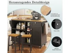 Ilha móvel de cozinha central com uma porta, 2 gavetas e prateleiras abertas - 129 x 46 x 92 cm - Madeira MDF - Preto