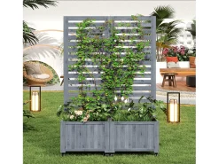 Jardineira com treliça para plantas trepadeiras - 102,5 x 32 x 152,5 cm - com rodízios dobráveis - madeira - cinza